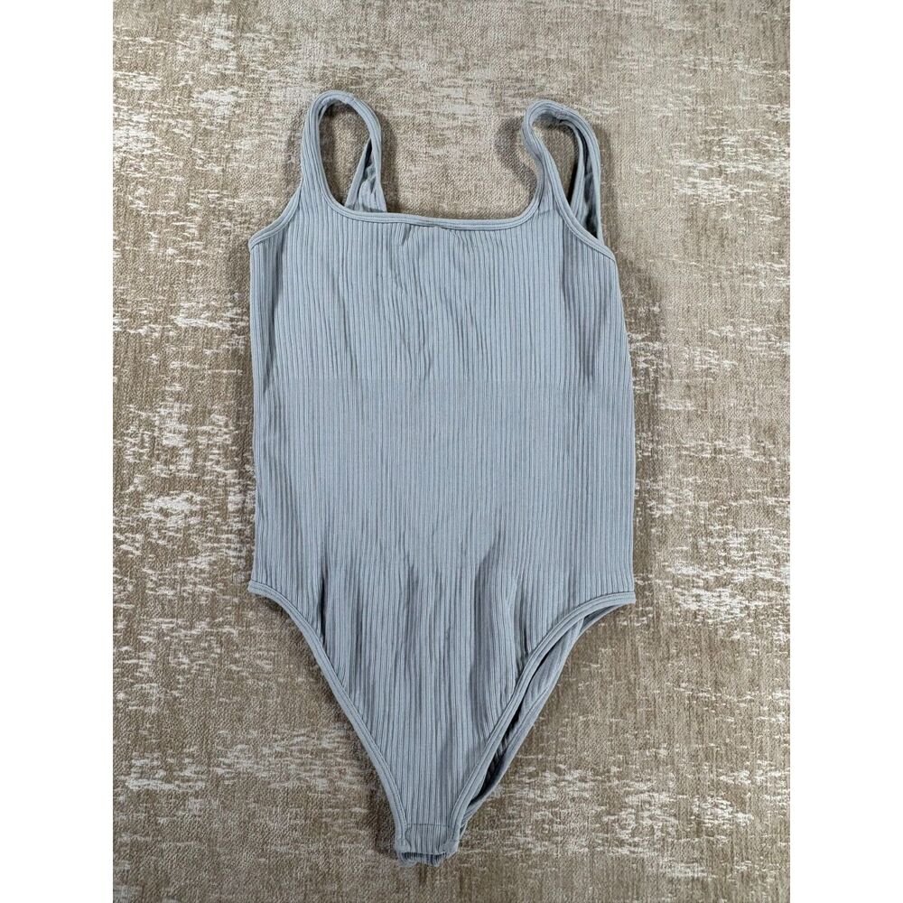 OQQ Ribbed Square Neck Bodysuit Light Blue Size L